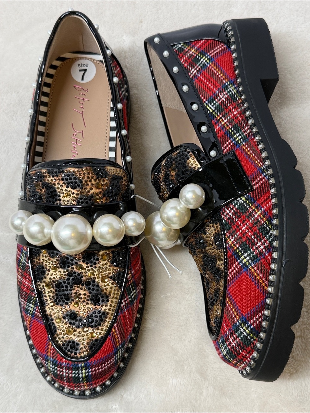 Betsey Johnson Harloe Loafers Red Plaid Leopard Rhinestone Pearl NWOT sz 7